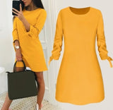 Women Fashion O-neck Solid Bow Elegant Straight Dress Spring Loose Mini Dresses 3/4 Sleeve Bow comfortable Plus Size