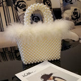 Faux Fur Pearl Evening Bag Women Hand Woven Panelled Beaded Tote Purses And Handbags Female Cute Shoulder Bag Dinner Party New