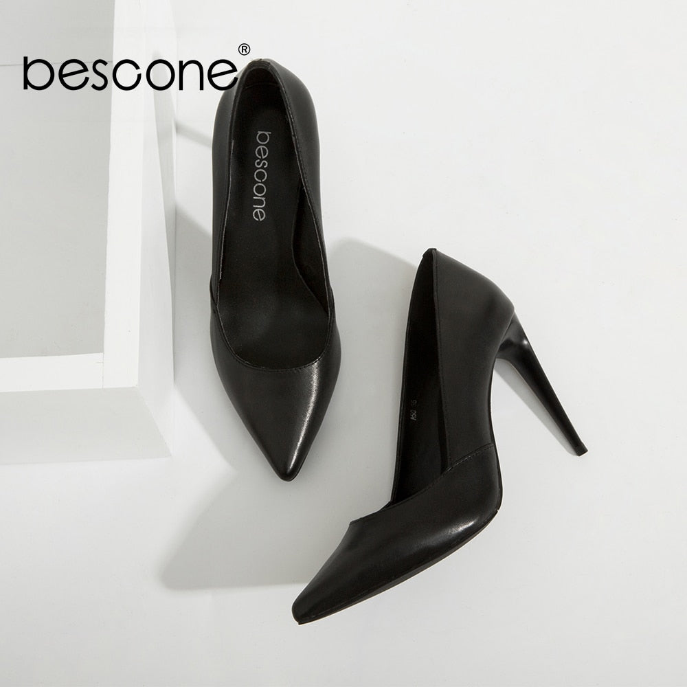 BESCONE High Quality Lady Pumps Black Genuine Leather Super High Thin Heels Party Pumps Sexy Pointed Toe Slip-on Woman Shoes A50