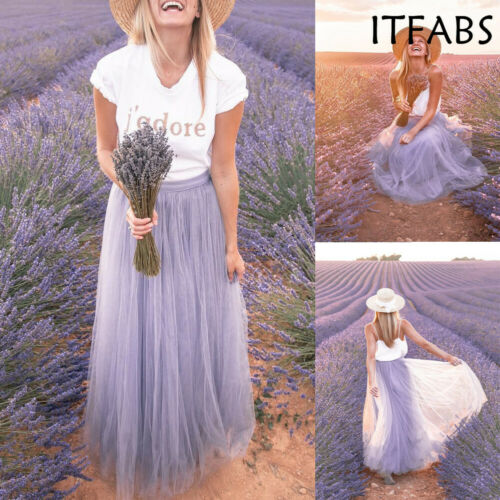 Maxi Long Tulle Mesh A-Line Fashion Skirts for Women Elastic High Waist Lolita Elegant Girls Juniors Prom Formal Party Skirt