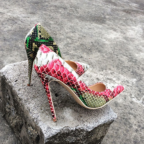 Veowalk Snake Printed Leather Women Sexy Green And Red High Heels 12/10/8CM Stiletto Pointed Toe Slip on Pumps Party Shoes