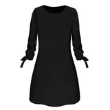 Women Fashion O-neck Solid Bow Elegant Straight Dress Spring Loose Mini Dresses 3/4 Sleeve Bow comfortable Plus Size