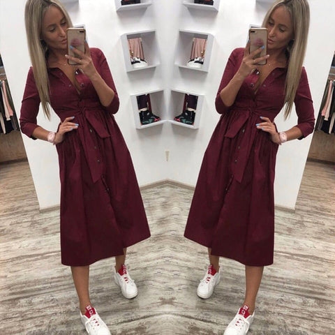 Casual Sashes a Line Women Dress Ladies Long Sleeve Turn Down Collar Fashion Party Dress Autumn Elegant Long Dress shirt dress