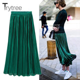 Trytree Spring Summer Pleated Skirt Womens Vintage High Waist Skirt Solid Long Skirts New Fashion Casual Metallic Skirt Female