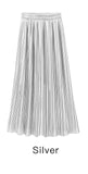 Trytree Spring Summer Pleated Skirt Womens Vintage High Waist Skirt Solid Long Skirts New Fashion Casual Metallic Skirt Female