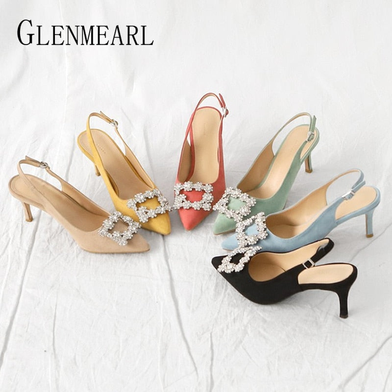 Women Pumps Fashion Ladies Rhinestone High Heels Shoes Soft Leather Heels Shoes Woman Pointed Toe Non-slip Brand Plus Size DE