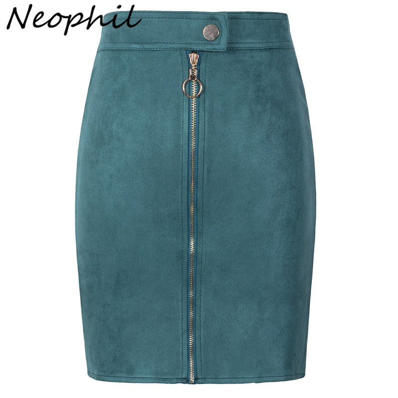 Neophil Women Suede Mini Pencil Skirts Female Vintage Style 2020 Summer Front Zipper Button Ladies Short Skirts Tutu Saia S1911