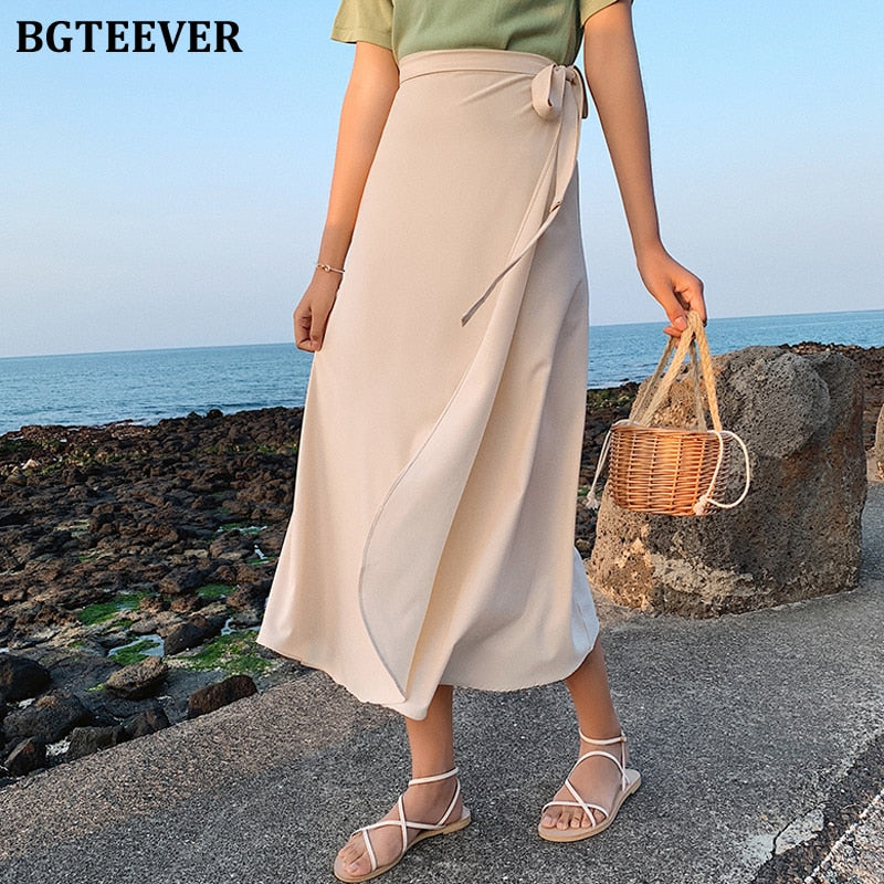 BGTEEVER Vintage Midi One Piece Skirts Women Loose Solid High Waist Lace Up Chiffon Skirts Female 2020 Spring Summer 11 Colors