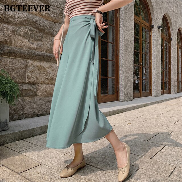 BGTEEVER Vintage Midi One Piece Skirts Women Loose Solid High Waist Lace Up Chiffon Skirts Female 2020 Spring Summer 11 Colors