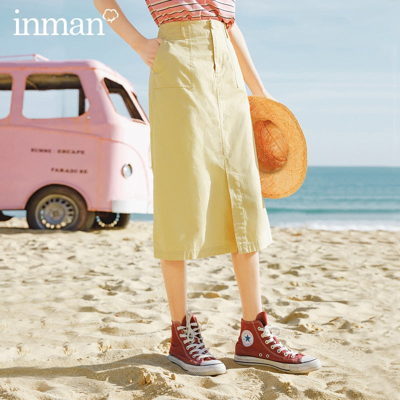 INMAN 2020 New Arrival Cotton A-line Front Slit High Waist Concise Style Skirt