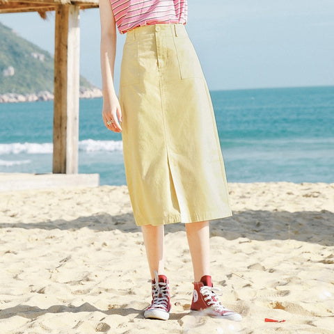 INMAN 2020 New Arrival Cotton A-line Front Slit High Waist Concise Style Skirt