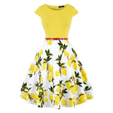 MISSJOY Plus size 4XL Dress kleding vrouwen Vintage Elegant Cap Sleeve Lemon Flower Print pin up fashionable dresses kerst jurk