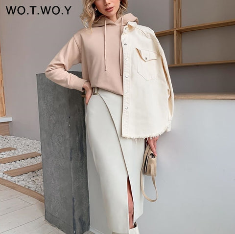 WOTWOY 2020 Summer Office Lady Pencil Skirts Women Button High Waist Formal Skirt Woman Mid-Calf White Long Faldas Female Korean