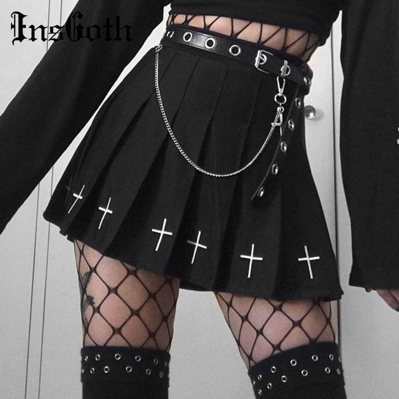 InsGoth High Waist Mini Black Skirts Gothic Streetwear Cross Print Pleated Women Skirts Casual College Lolita Harajuku Skirt