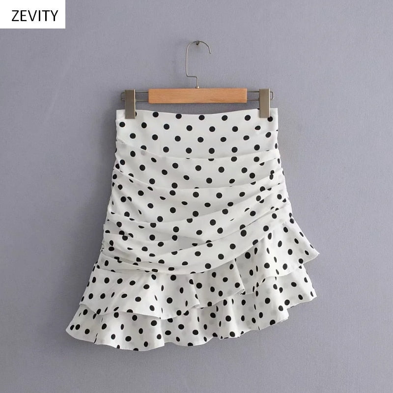 Women fashion polka dot print pleated asymmetrical skirt faldas mujer ladies back zipper vestidos chic ruffles skirts QUN379