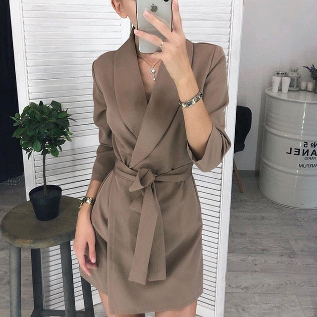 Women Vintage Sashes A-line Party Mini Dress Long Sleeve Notched Collar Solid Casual Elegant Dress 2020 Autumn New Fashion Dress