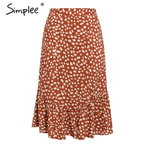 Simplee Elegant leopard print women midi skirt Ruffles high waist female A-line skirt Casual spring summer ladies skirts bottoms