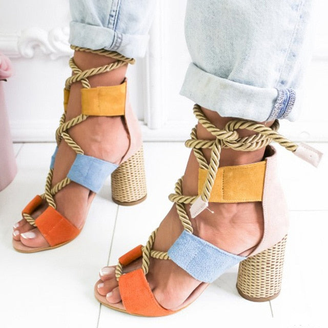 Women Pumps Lace Up High Heels Women Gladiator Sandals For Party Wedding Shoes Woman Summer Sandals Thick Heels Chaussures Femme