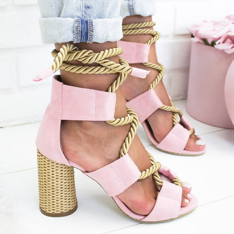 Women Pumps Lace Up High Heels Women Gladiator Sandals For Party Wedding Shoes Woman Summer Sandals Thick Heels Chaussures Femme