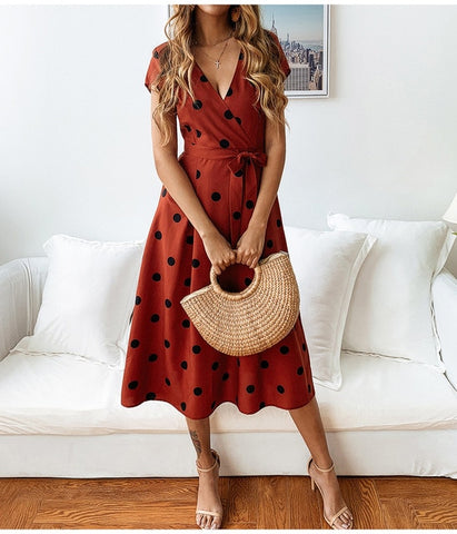 Lossky Summer Dress Women Vintage Dress Casual Polka Dot Print A-Line Party Dresses Sexy V-neck Short Sleeve Long Dress Fashion