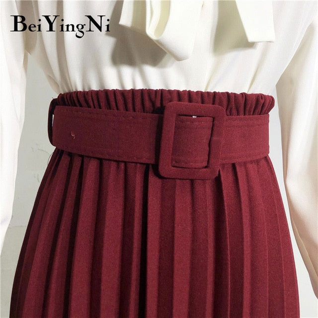 Beiyingni High Waist Women Skirt Casual Vintage Solid Belted Pleated Midi Skirts Lady 11 Colors Fashion Simple Saia Mujer Faldas