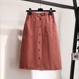 Women's Skirts Spring Korean Style Midi Knee Length Elegant Button High Waist Skirt Female Pleated School Long Skirt