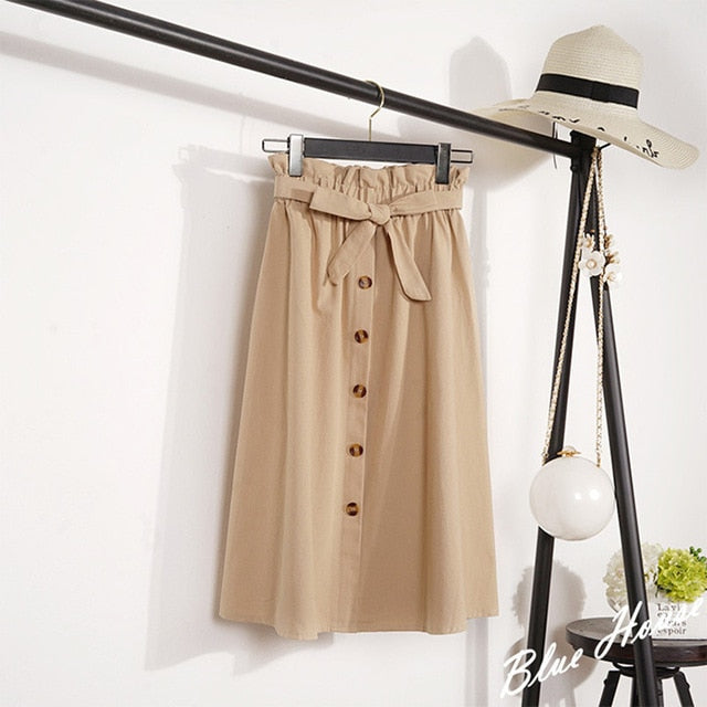 CRRIFLZ Summer Autumn Skirts Womens Midi Knee Length Korean Elegant Button High Waist Skirt Female Pleated School Skirt