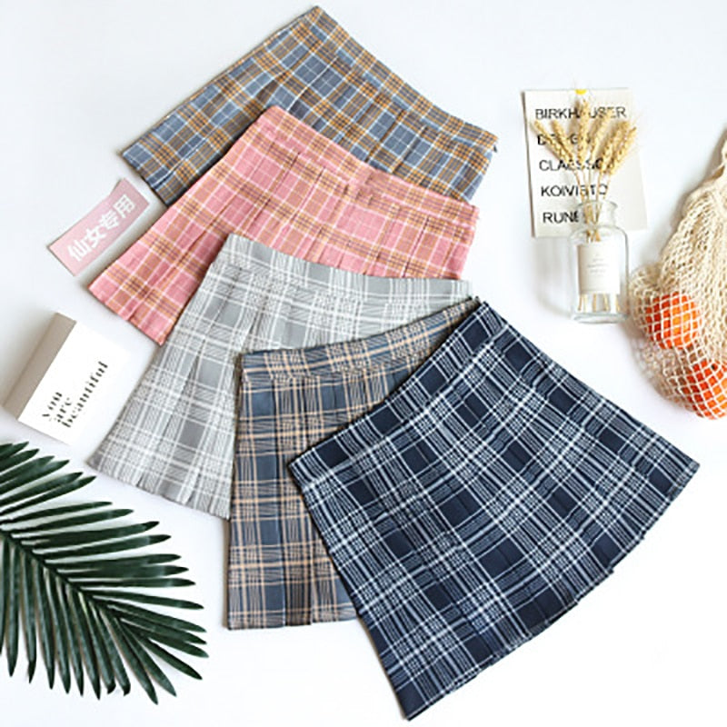 BEFORW Preppy Japanese Korea Short Skirts 2020 New High Waist Mini Womens Skirts Kawaii Pink Plaid Pleated Tennis Casual Skirt