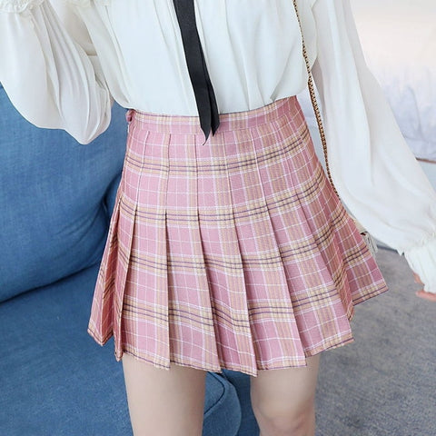 BEFORW Preppy Japanese Korea Short Skirts 2020 New High Waist Mini Womens Skirts Kawaii Pink Plaid Pleated Tennis Casual Skirt