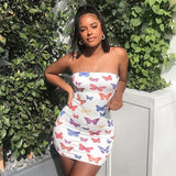 Simenual Butterfly Print Strapless Women Party Dress Sexy Hot Clubwear Bodycon Skinny Wrap Chest Mini Dresses 2020 Fashion Slim