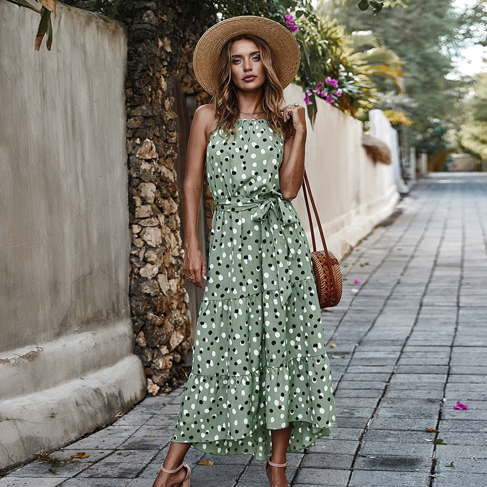 Long Dot Vacation Style Print Dress Women Lace Up High Waist O Neck Big Swing Dress New Fashion Summer Sleeveless Dress