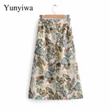 New Women Tropical Floral Leaves Print Split Midi Skirt Faldas Mujer Ladies Stylish Elastic Waist Vestidos Casual Skirts