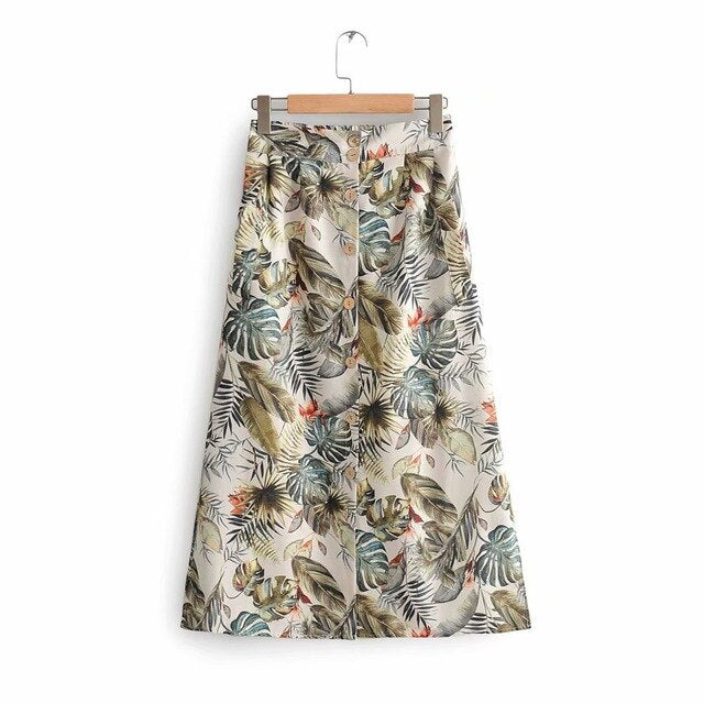 New Women Tropical Floral Leaves Print Split Midi Skirt Faldas Mujer Ladies Stylish Elastic Waist Vestidos Casual Skirts