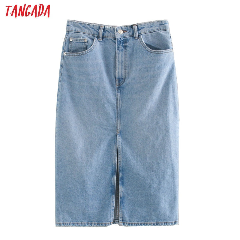 Tangada 2020 women solid blue denim skirt vintage front open summer female elegant chic skirts 3L31