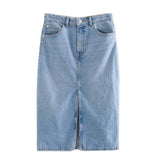 Tangada 2020 women solid blue denim skirt vintage front open summer female elegant chic skirts 3L31