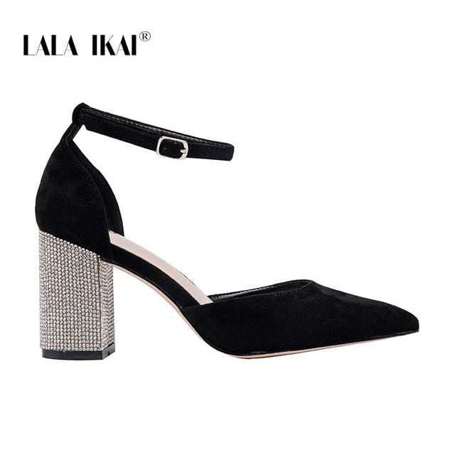 LALA IKAI Wedding Shoes Woman 2020 Pointed Toe Square Crystal Bling High Heels Shoes Buckle Shallow Sandal Party Pumps XWC6736-4