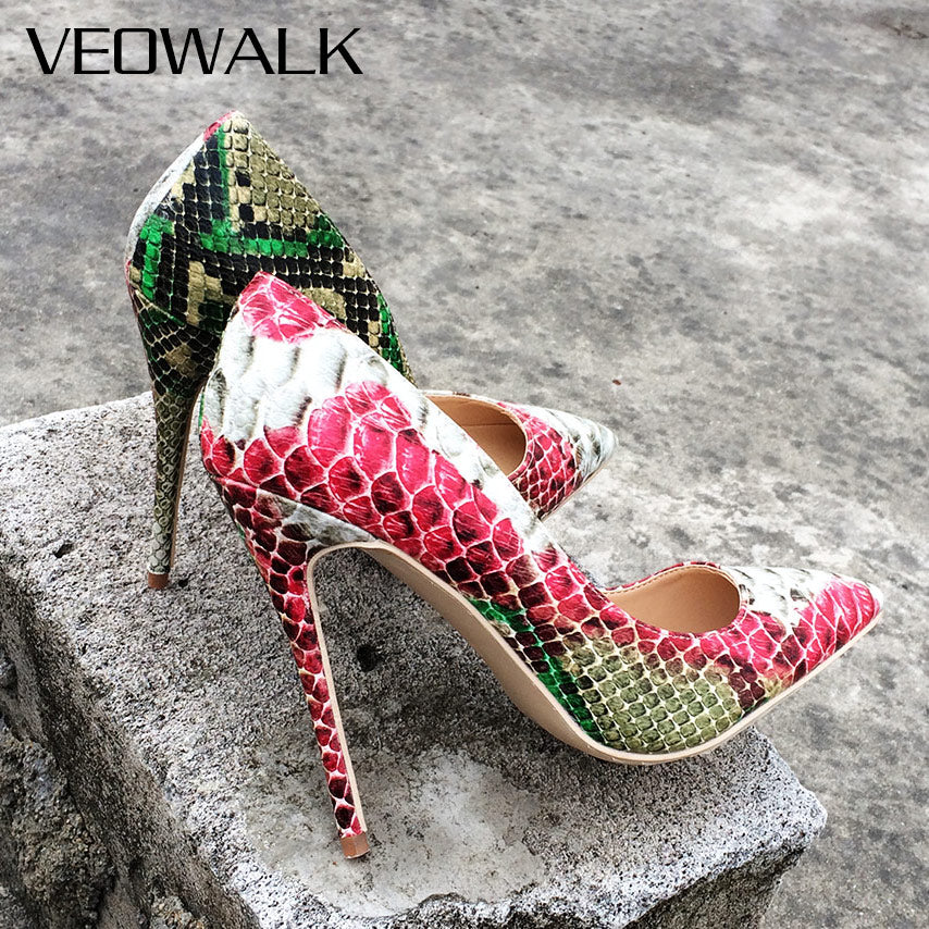 Veowalk Snake Printed Leather Women Sexy Green And Red High Heels 12/10/8CM Stiletto Pointed Toe Slip on Pumps Party Shoes