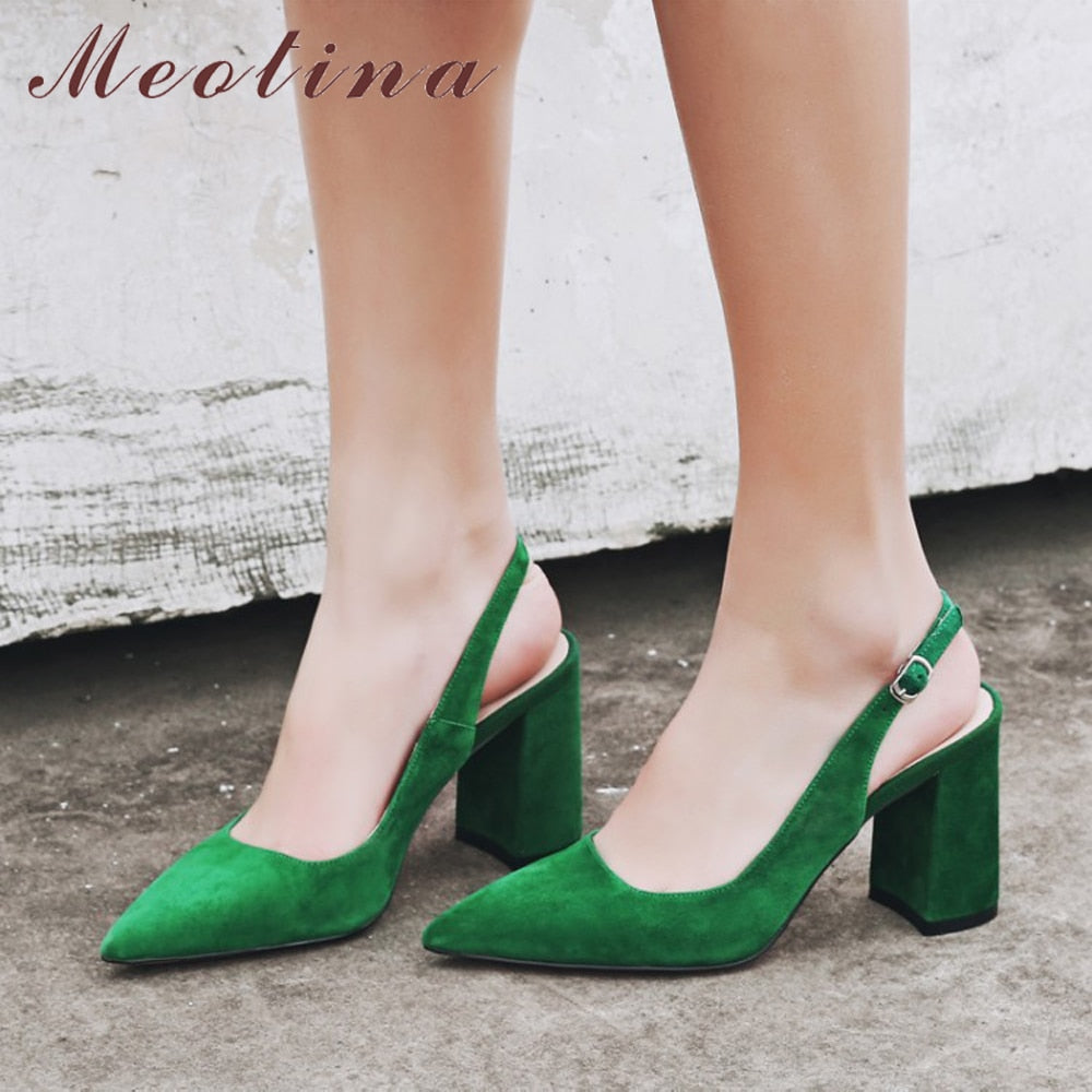 Meotina Women Shoes Kid Suede High Heels Pointed Toe Slingbacks Thick High Heel Pumps Autumn Lady Party Heels Green Beige 34-42